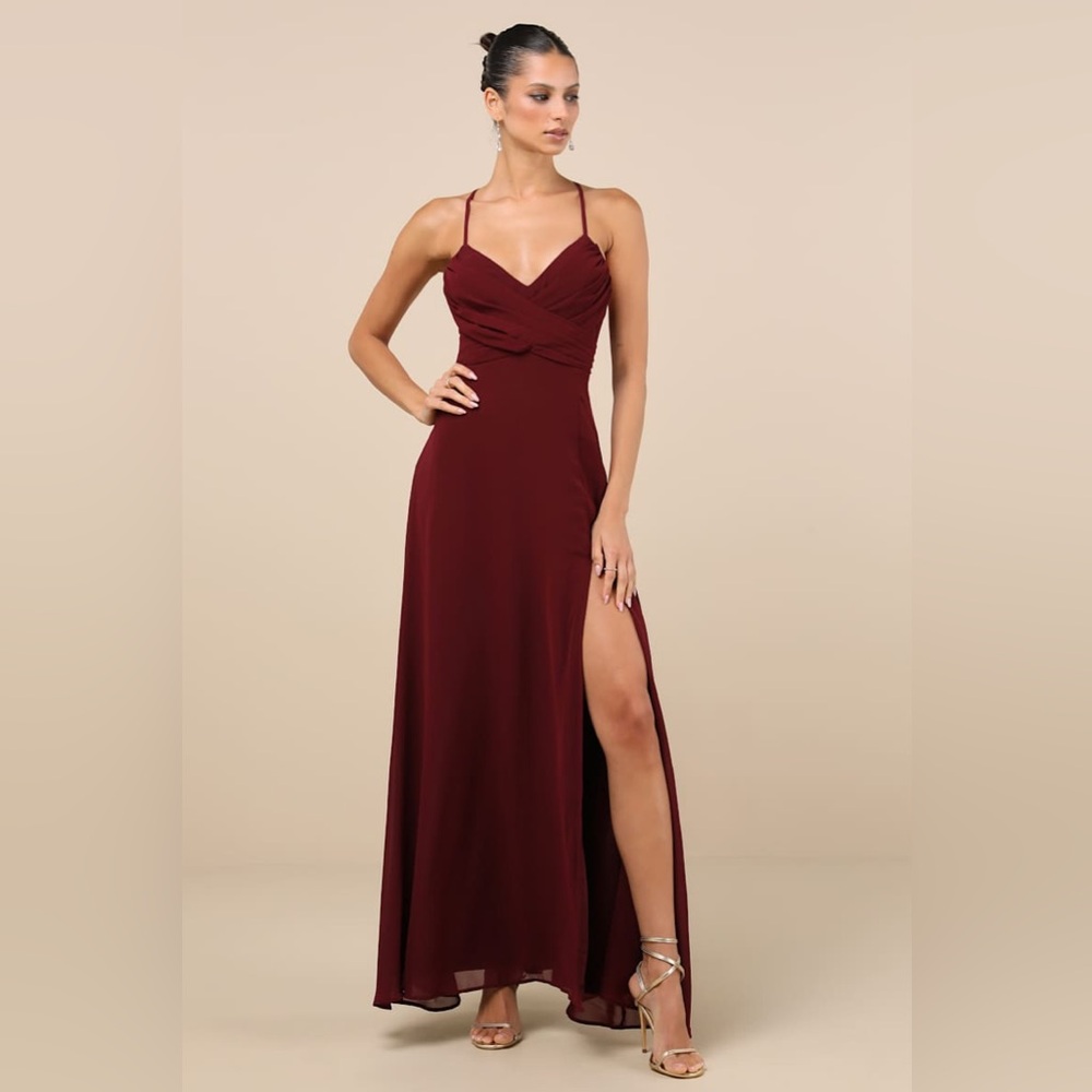 NWT Lulus Event Ready Burgundy Backless Lace-Up Maxi Dress Evening Formal MD